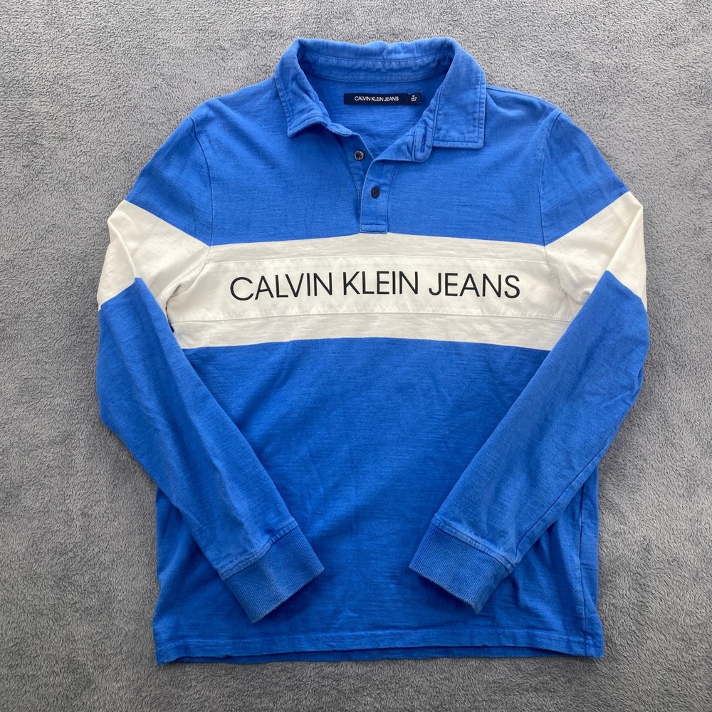 Calvin Klein Jeans Rugby Polo Shirt Mens Medium Blue White Long Sleeve